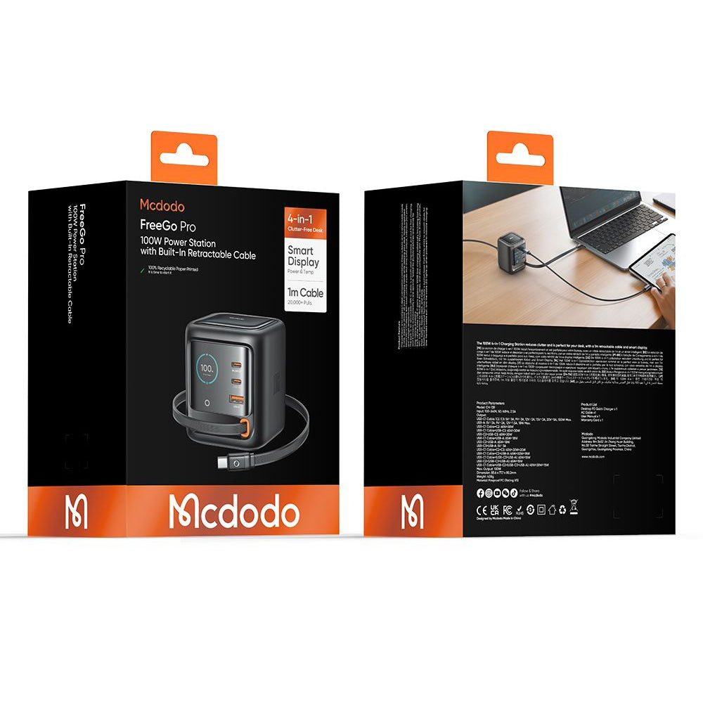 Mcdodo FreeGo CH-1391 USB-C Kábellel Ellátott Töltőállomás, 100W, 5A, 1 x USB-A - 2 x USB-C, Fekete