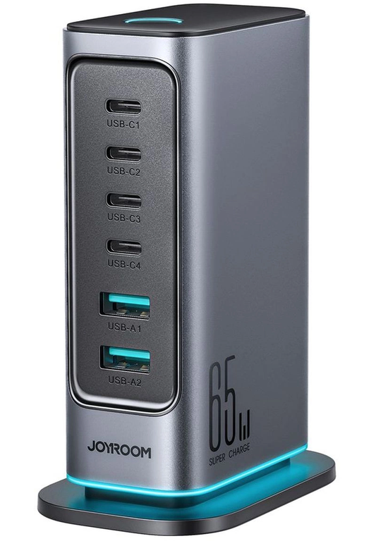 Joyroom JR-TCM02 UK állomás töltő, 65W, 3,25A, 2 x USB-A - 4 x USB-C, Szürke