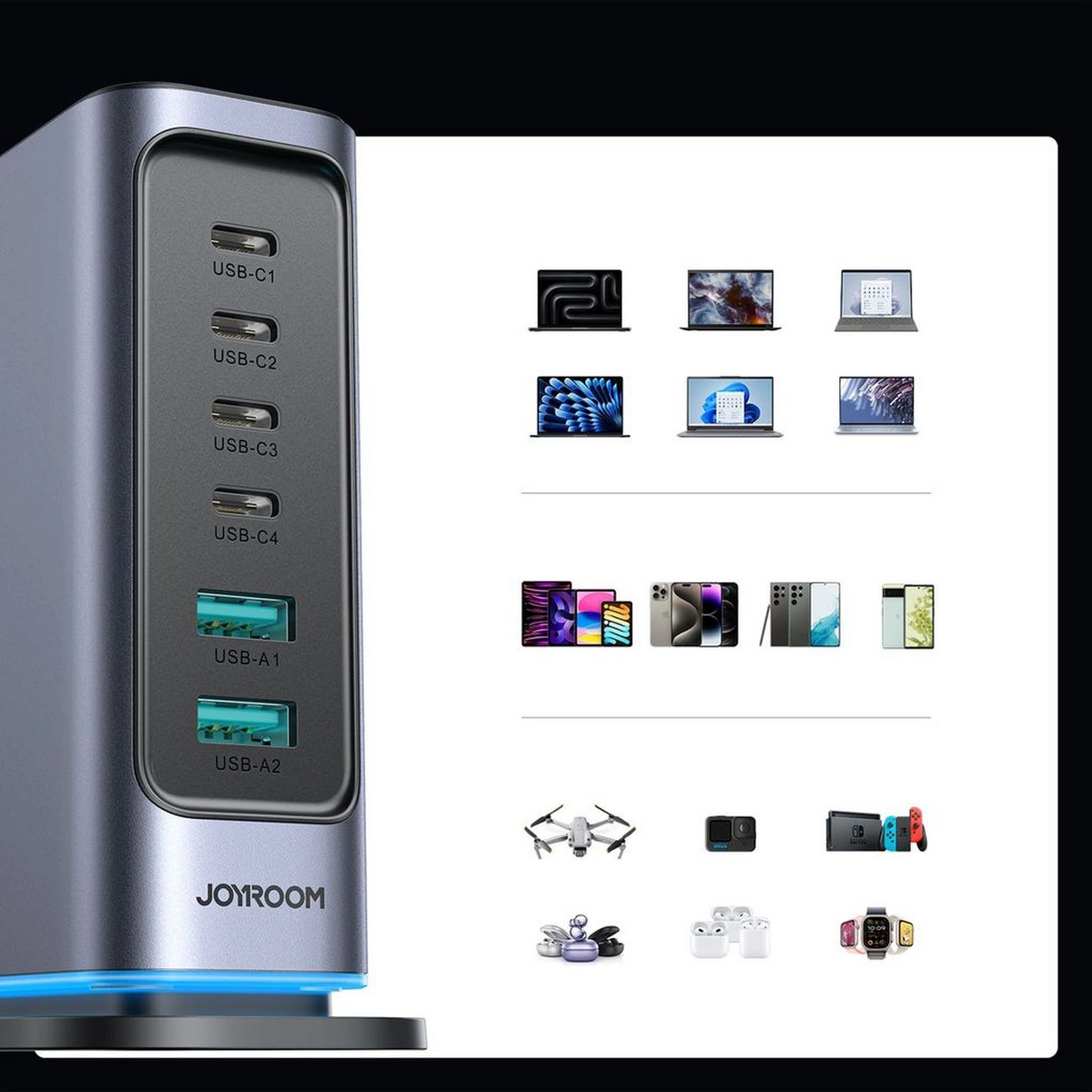 Joyroom JR-TCM02 UK állomás töltő, 65W, 3,25A, 2 x USB-A - 4 x USB-C, Szürke