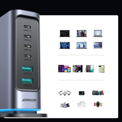 Joyroom JR-TCM02 UK állomás töltő, 65W, 3,25A, 2 x USB-A - 4 x USB-C, Szürke