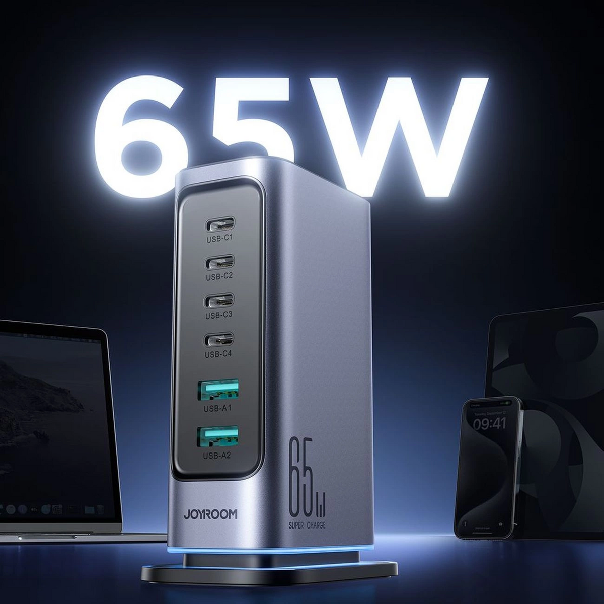 Joyroom JR-TCM02 UK állomás töltő, 65W, 3,25A, 2 x USB-A - 4 x USB-C, Szürke