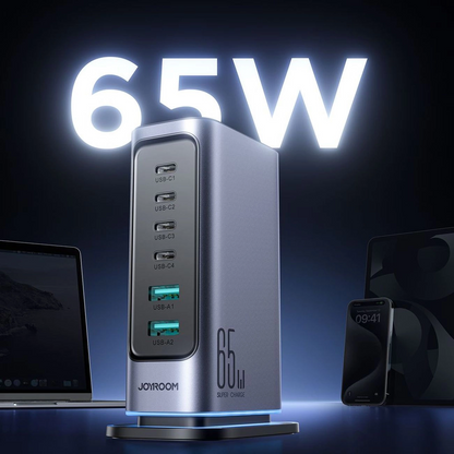 Joyroom JR-TCM02 UK állomás töltő, 65W, 3,25A, 2 x USB-A - 4 x USB-C, Szürke