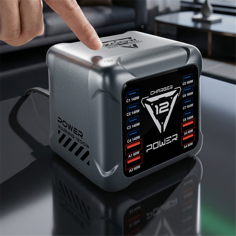 OEM BK-127D állomás töltő, 280W, 5A, 4 x USB-A - 8 x USB-C, Szürke