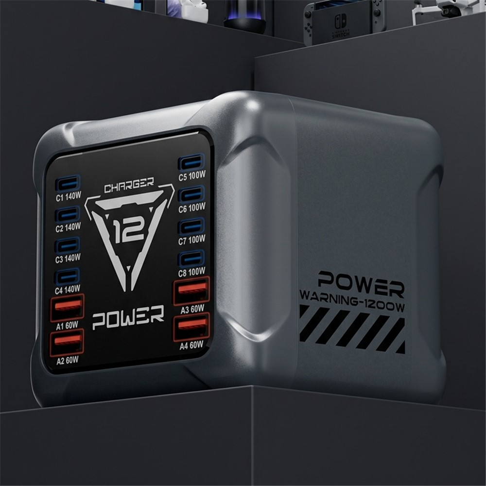 OEM BK-127D állomás töltő, 280W, 5A, 4 x USB-A - 8 x USB-C, Szürke