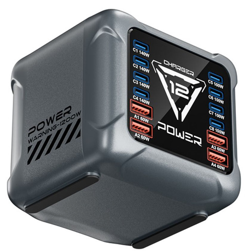 OEM BK-127D állomás töltő, 280W, 5A, 4 x USB-A - 8 x USB-C, Szürke