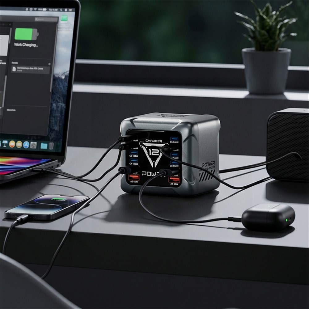 OEM BK-127D állomás töltő, 280W, 5A, 4 x USB-A - 8 x USB-C, Szürke