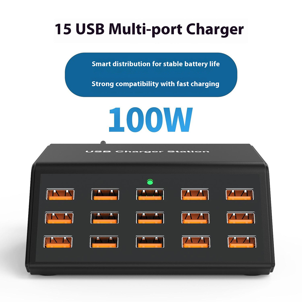 OEM HW15 állomás töltő, 100W, 2A, 15 x USB-A, Fekete