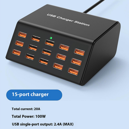 OEM HW15 állomás töltő, 100W, 2A, 15 x USB-A, Fekete