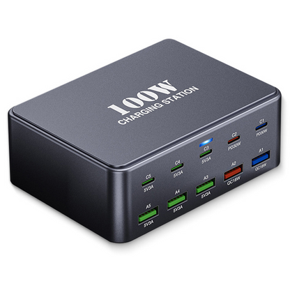 OEM HW33 állomás töltő, 100W, 3A, 5 x USB-A - 5 x USB-C, Szürke