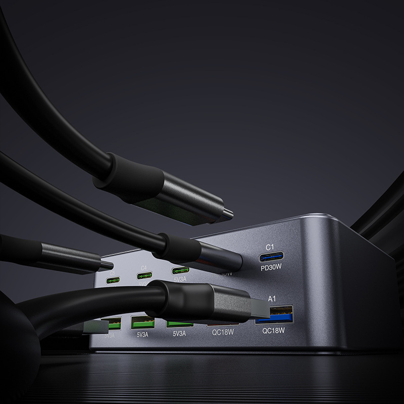OEM HW33 állomás töltő, 100W, 3A, 5 x USB-A - 5 x USB-C, Szürke