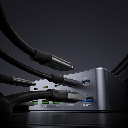 OEM HW33 állomás töltő, 100W, 3A, 5 x USB-A - 5 x USB-C, Szürke