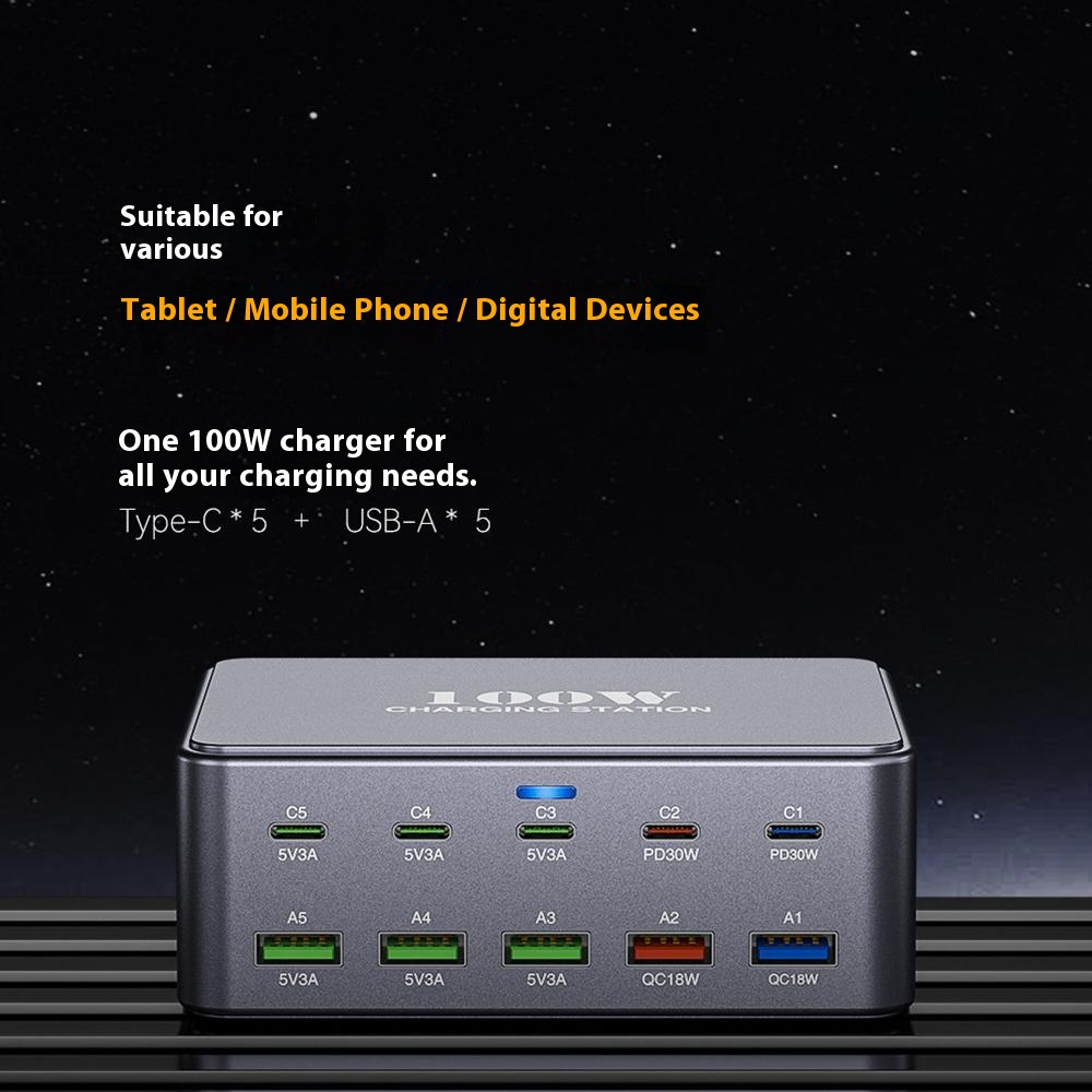 OEM HW33 állomás töltő, 100W, 3A, 5 x USB-A - 5 x USB-C, Szürke