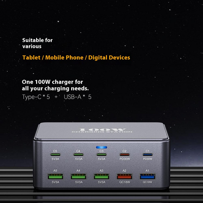 OEM HW33 állomás töltő, 100W, 3A, 5 x USB-A - 5 x USB-C, Szürke