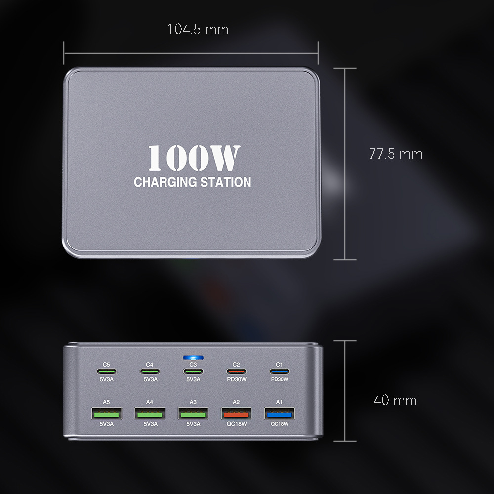 OEM HW33 állomás töltő, 100W, 3A, 5 x USB-A - 5 x USB-C, Szürke