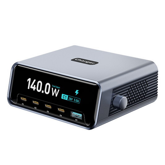 OEM WLX-60G állomás töltő, 140W, 5A, 1 x USB-A - 4 x USB-C, Szürke