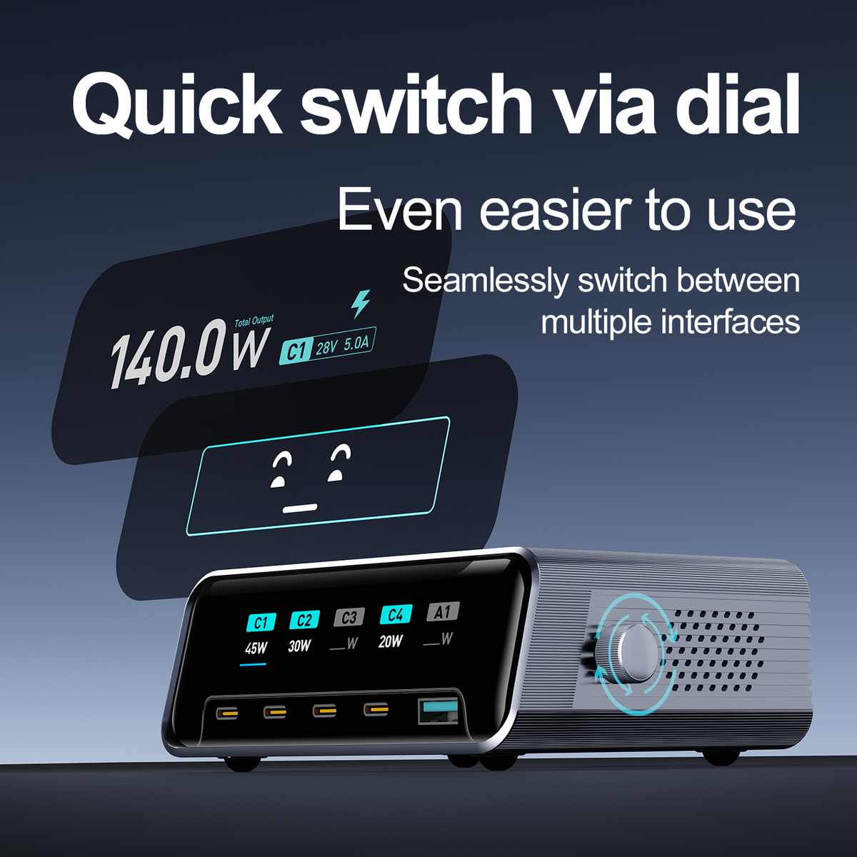 OEM WLX-60G állomás töltő, 140W, 5A, 1 x USB-A - 4 x USB-C, Szürke
