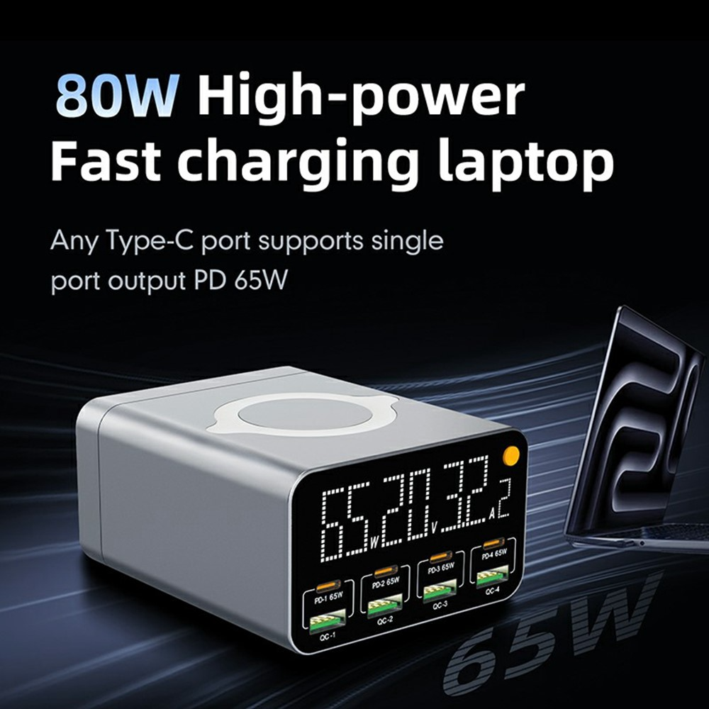 OEM WLX-M3 QI állomás töltő, 80W, 4 x USB-A - 4 x USB-C, Szürke