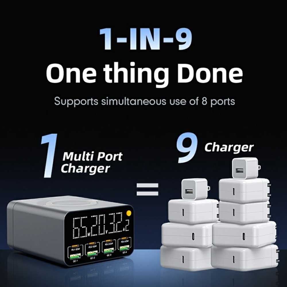 OEM WLX-M3 QI állomás töltő, 80W, 4 x USB-A - 4 x USB-C, Szürke