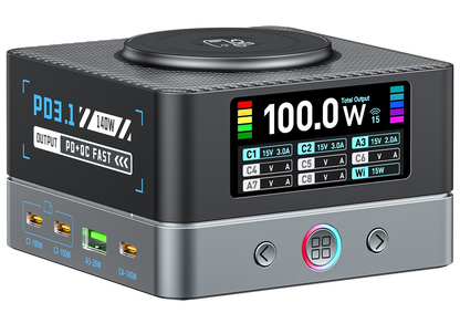 OEM WLX-R8A QI töltőállomás, 140W, 5A, 2 x USB-A - 6 x USB-C, Szürke