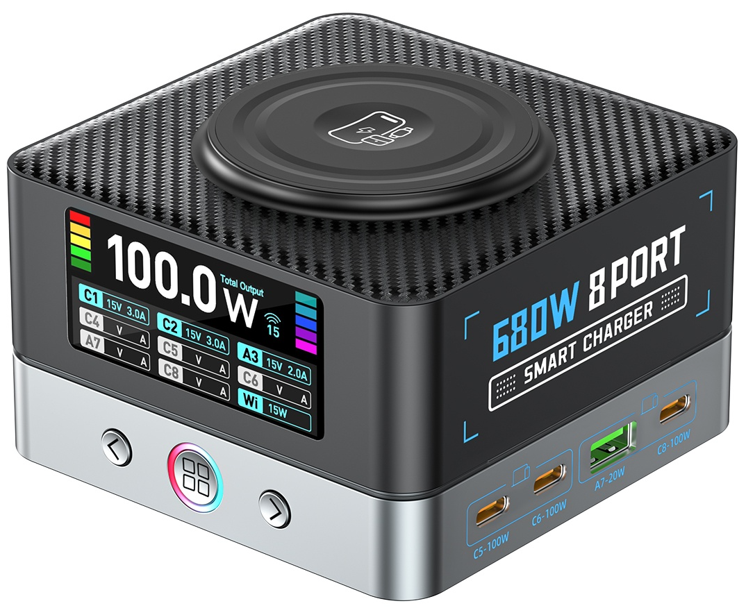 OEM WLX-R8A QI töltőállomás, 140W, 5A, 2 x USB-A - 6 x USB-C, Szürke