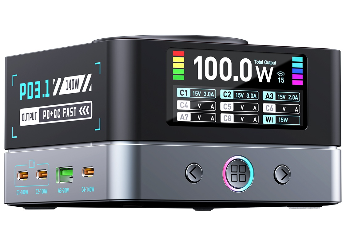 OEM WLX-R8A QI töltőállomás, 140W, 5A, 2 x USB-A - 6 x USB-C, Szürke