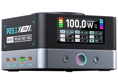 OEM WLX-R8A QI töltőállomás, 140W, 5A, 2 x USB-A - 6 x USB-C, Szürke