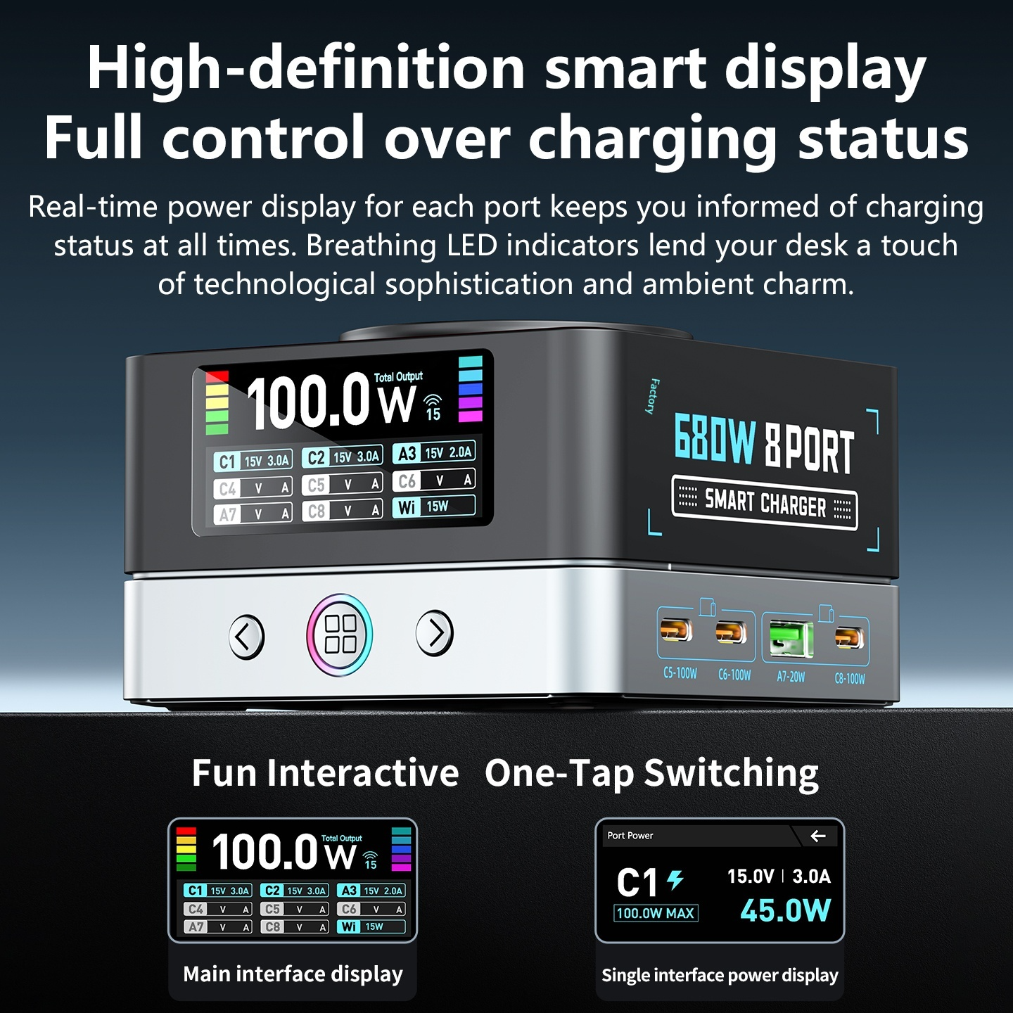 OEM WLX-R8A QI töltőállomás, 140W, 5A, 2 x USB-A - 6 x USB-C, Szürke