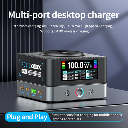 OEM WLX-R8A QI töltőállomás, 140W, 5A, 2 x USB-A - 6 x USB-C, Szürke