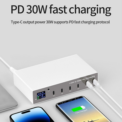 OEM WLX-X6P állomás töltő, 140W, 3A, 6 x USB-C, Ezüst