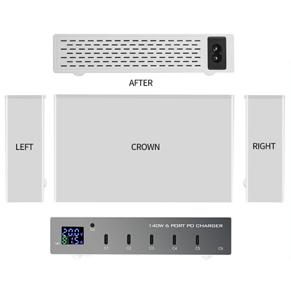 OEM WLX-X6P állomás töltő, 140W, 3A, 6 x USB-C, Ezüst