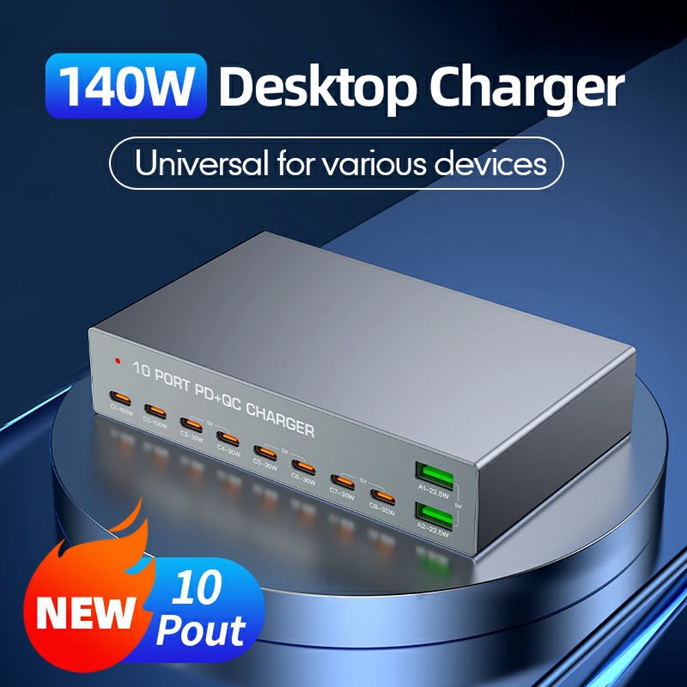 OEM WLX-X6Y állomás töltő, 140W, 5A, 2 x USB-A - 8 x USB-C, Ezüst