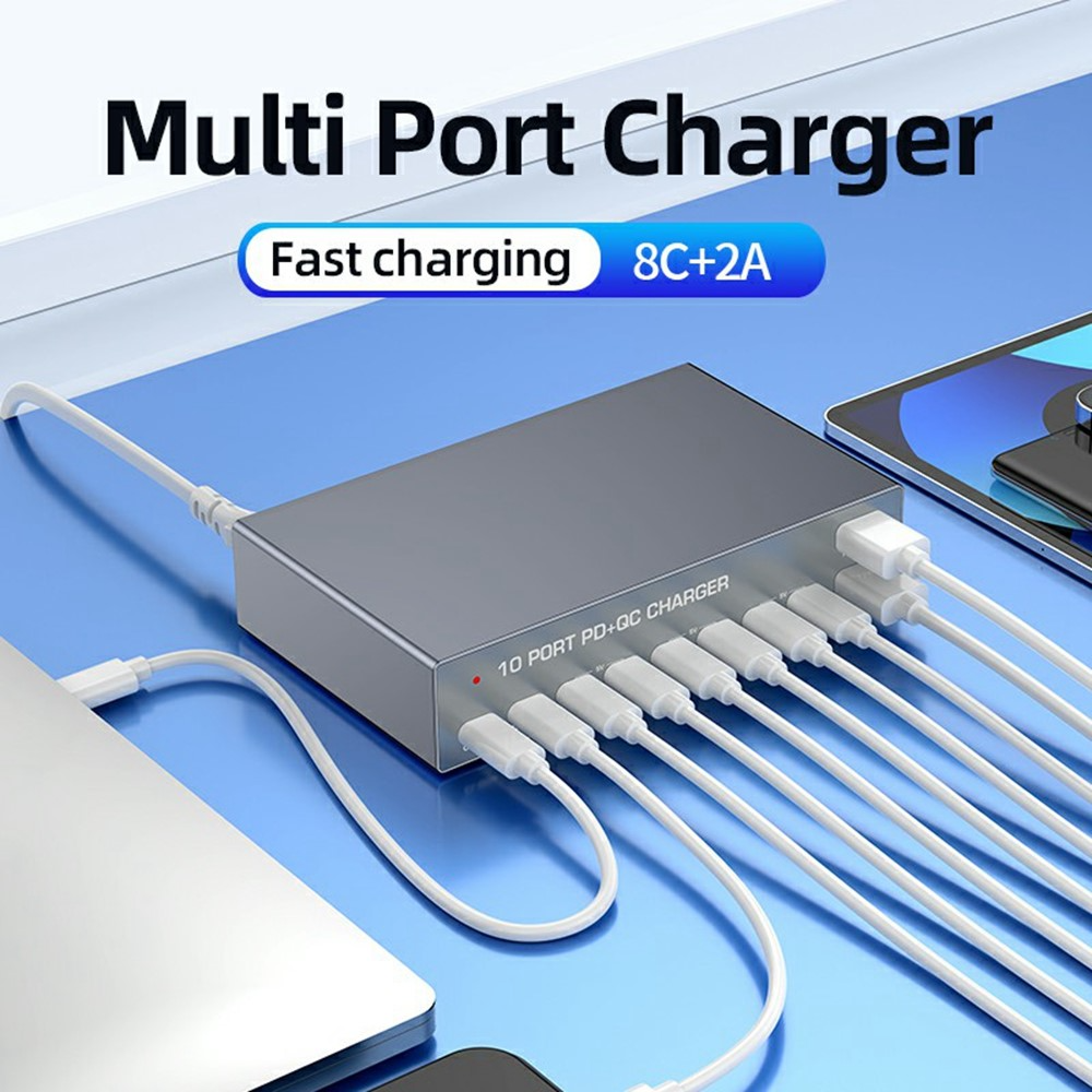 OEM WLX-X6Y állomás töltő, 140W, 5A, 2 x USB-A - 8 x USB-C, Ezüst
