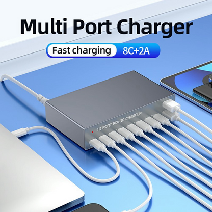 OEM WLX-X6Y állomás töltő, 140W, 5A, 2 x USB-A - 8 x USB-C, Ezüst