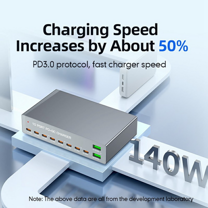 OEM WLX-X6Y állomás töltő, 140W, 5A, 2 x USB-A - 8 x USB-C, Ezüst
