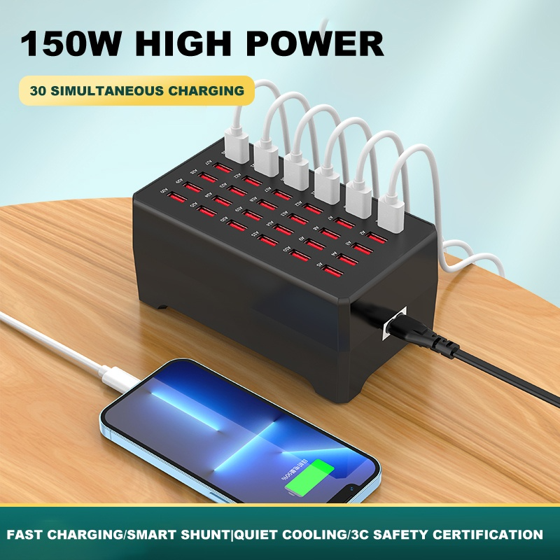 OEM WT-268 állomás töltő, 150W, 2.4A, 30 x USB-A, Fekete
