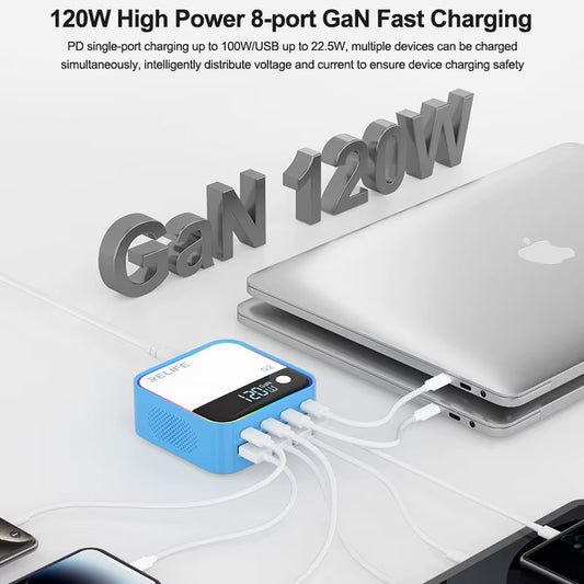 Relife Q2 töltőállomás, 120W, 5A, 4 x USB-A - 4 x USB-C, Kék