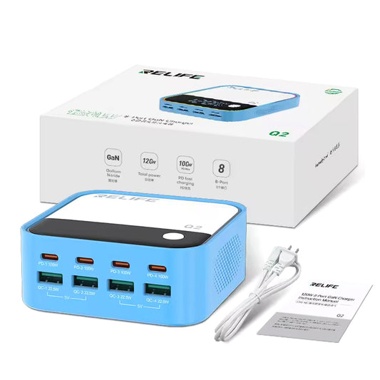 Relife Q2 töltőállomás, 120W, 5A, 4 x USB-A - 4 x USB-C, Kék