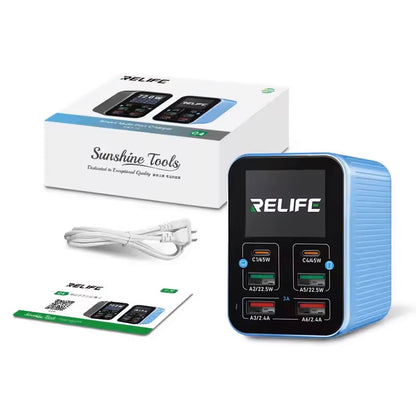 Relife Q4 töltőállomás, 72W, 5A, 2 x USB-C - 4 x USB-A, Kék