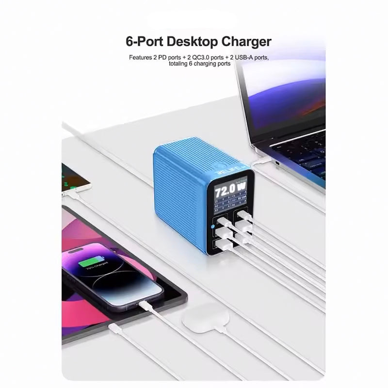 Relife Q4 töltőállomás, 72W, 5A, 2 x USB-C - 4 x USB-A, Kék