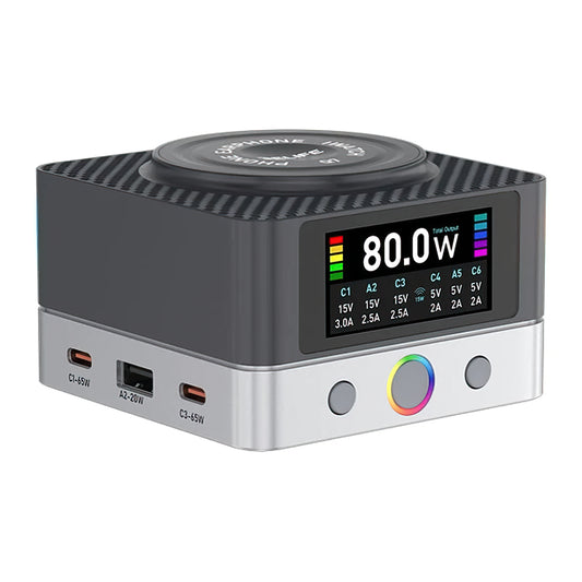Relife Q7 QI töltőállomás, 80W, 3.25A, 2 x USB-A - 4 x USB-C, Szürke