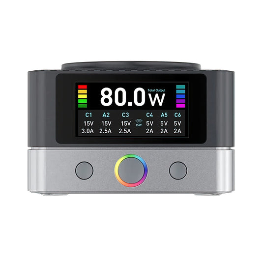 Relife Q7 QI töltőállomás, 80W, 3.25A, 2 x USB-A - 4 x USB-C, Szürke