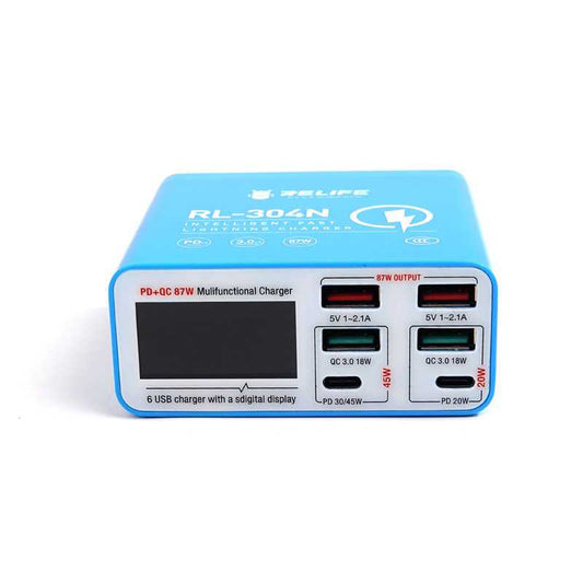 Relife RL-304N töltőállomás, 87W, 3A, 2 x USB-C - 4 x USB-A, Kék