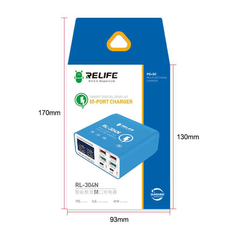 Relife RL-304N töltőállomás, 87W, 3A, 2 x USB-C - 4 x USB-A, Kék