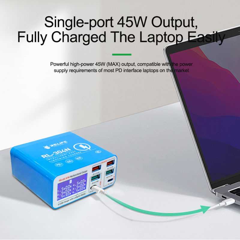 Relife RL-304N töltőállomás, 87W, 3A, 2 x USB-C - 4 x USB-A, Kék