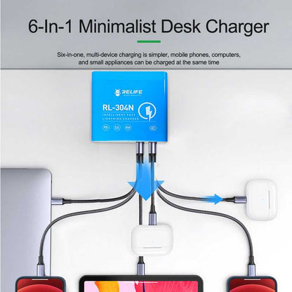 Relife RL-304N töltőállomás, 87W, 3A, 2 x USB-C - 4 x USB-A, Kék