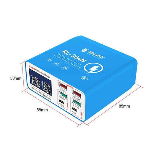 Relife RL-304N töltőállomás, 87W, 3A, 2 x USB-C - 4 x USB-A, Kék