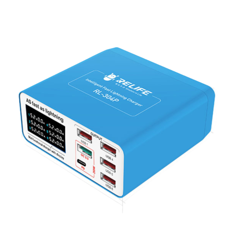 Relife RL-304P töltőállomás, 40W, 3A, 1 x USB-C - 5 x USB-A, Kék