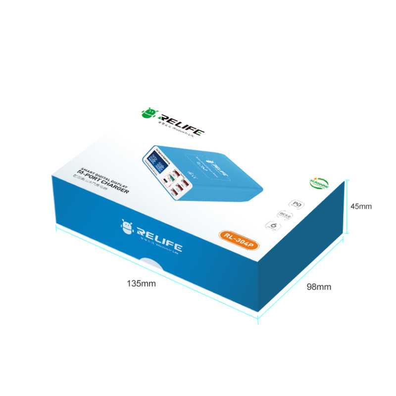 Relife RL-304P töltőállomás, 40W, 3A, 1 x USB-C - 5 x USB-A, Kék