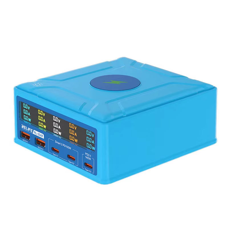 Relife RL-304R QI töltőállomás, 260W, 3A, 2 x USB-A - 3 x USB-C, Kék