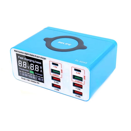 Relife RL-304S QI töltőállomás, 110W, 3A, 2 x USB-C - 6 x USB-A, Kék